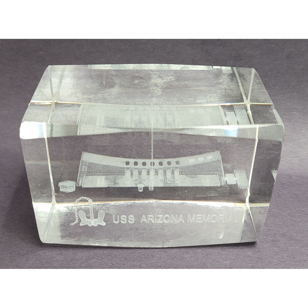 USS Arizona Memorial 3D Laser Etched Crystal Paperweight Clear Glass Block 3x2x2